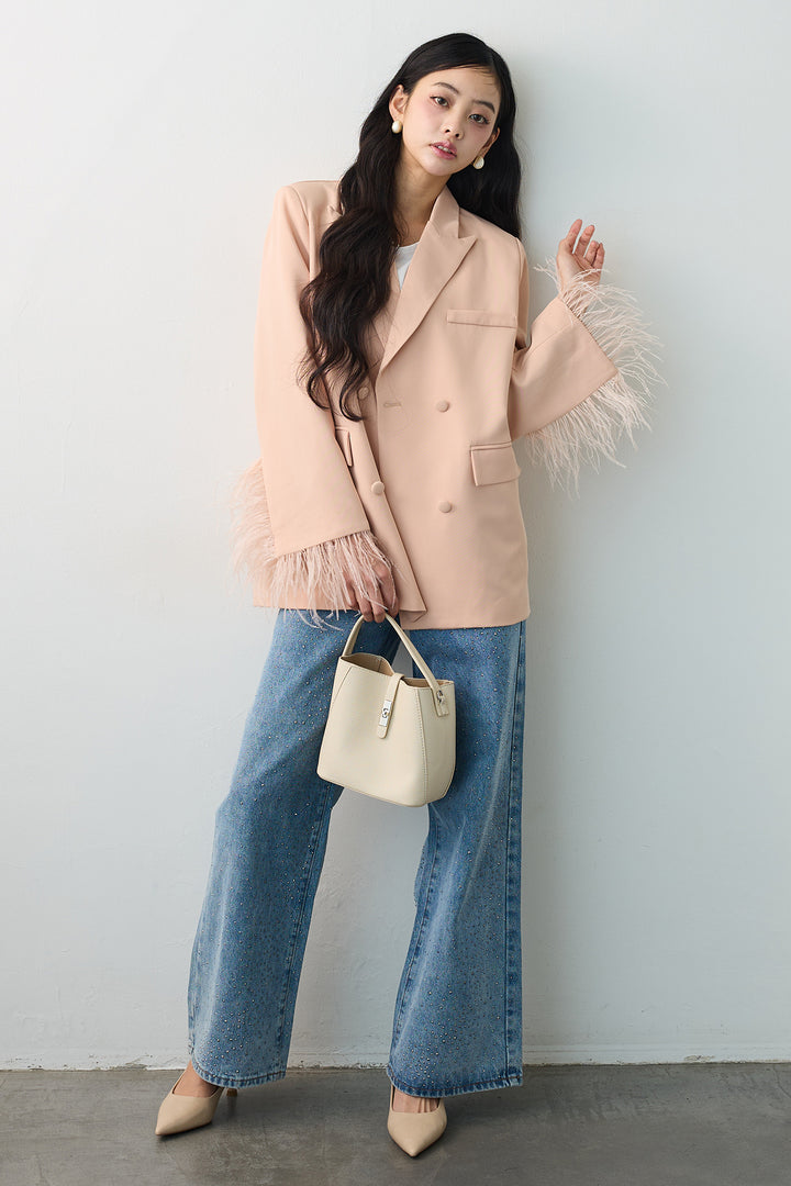 [予約/SET]エアリーファザーレディライクジャケット+ラインストーンストレートデニム(2set)