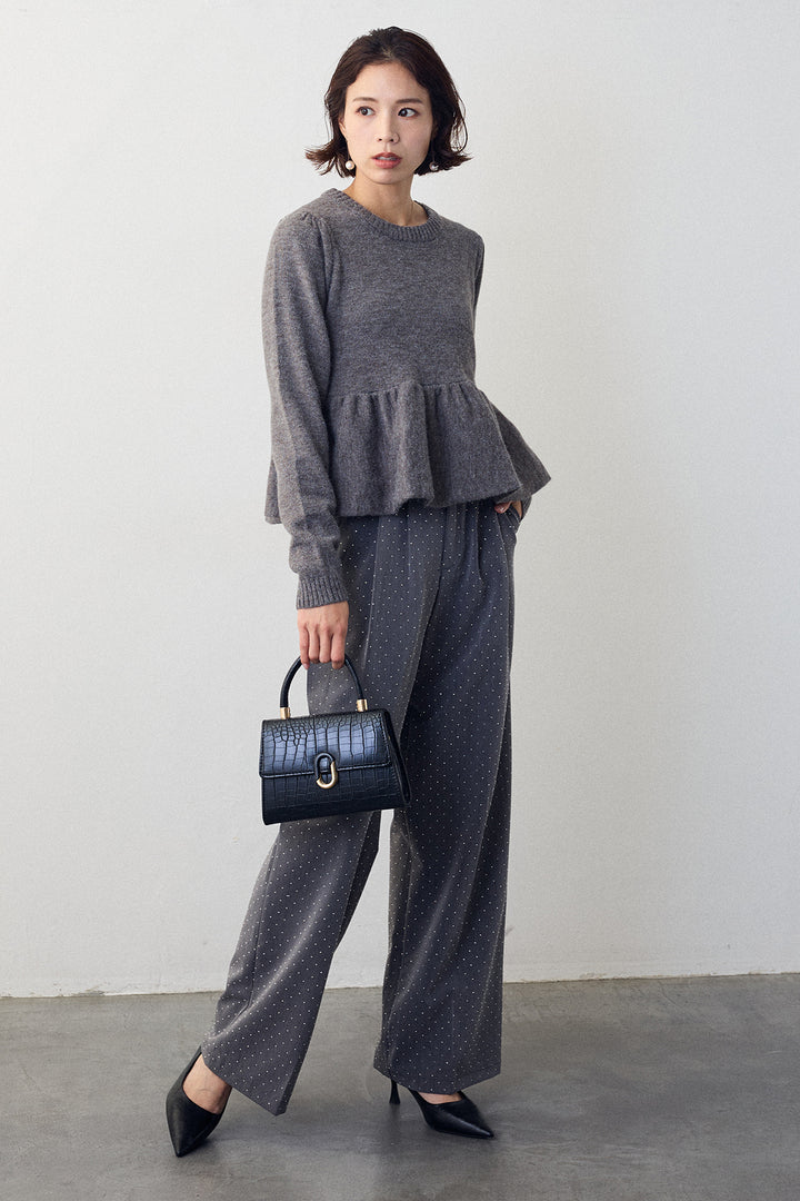 [予約/SET]アルパカタッチバルーンヘムニットプルオーバー+ラインストーンストレートパンツ(2set)