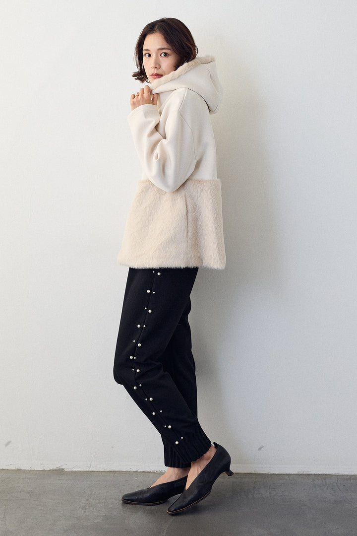 [予約/SET]ボンディングファーフーディー異素材ジャケット+サイドパール裾タックジョガーパンツ(2set)