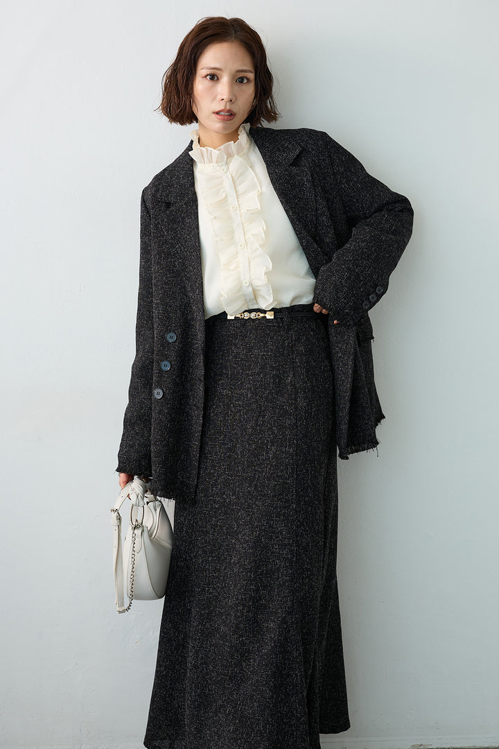 [予約/SET]スラブネップツイードフリンジテーラージャケット+スラブネップツイードフレアスカート(2set)