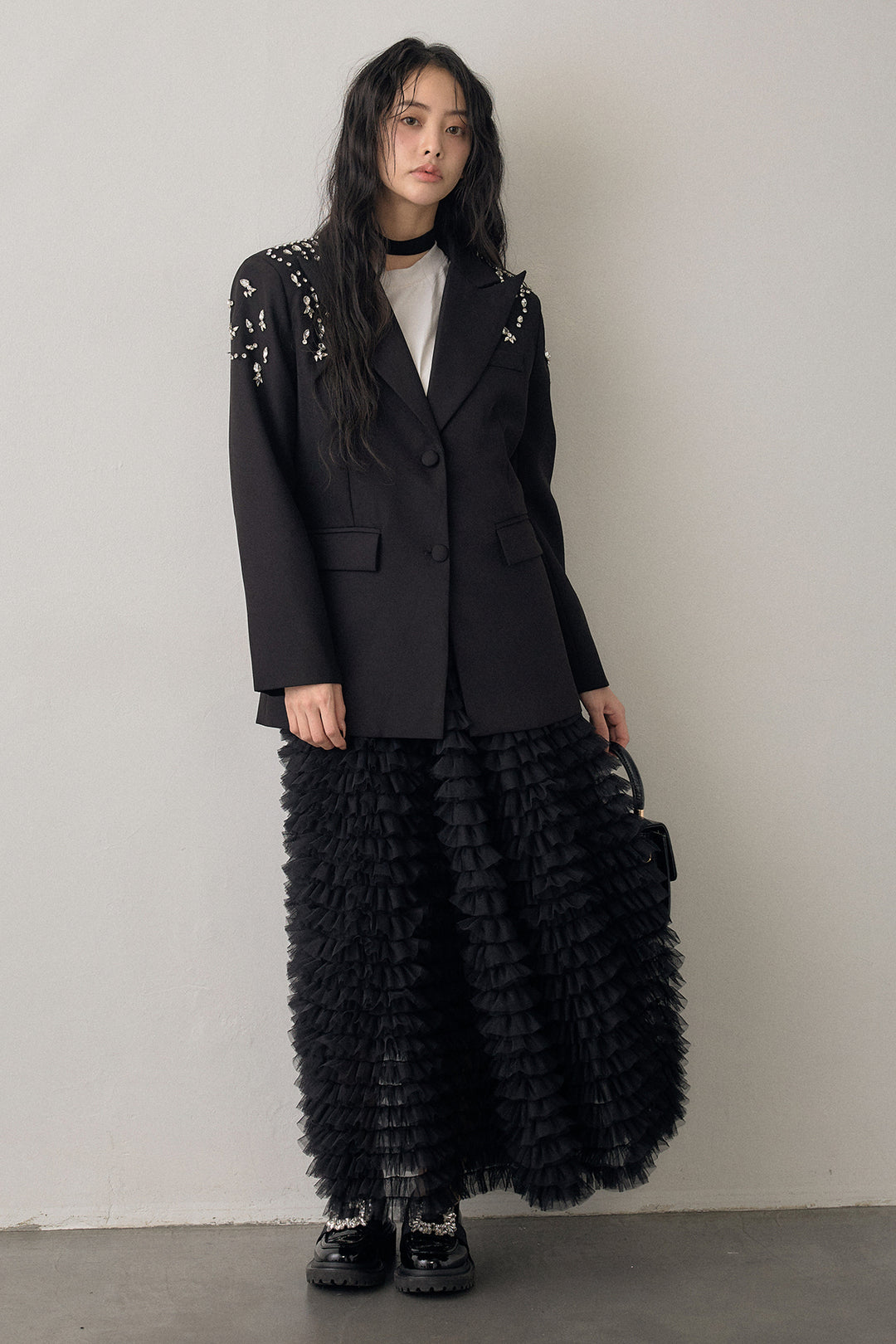 [予約/SET]ショルダービジューマニッシュジャケット+ホイップチュールティアードスカート(2set)