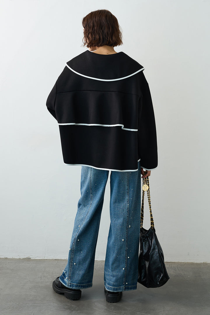 [予約/SET]バイカラーボンディング襟付きコート+パールラインストーンハイウエストデニム(2set)