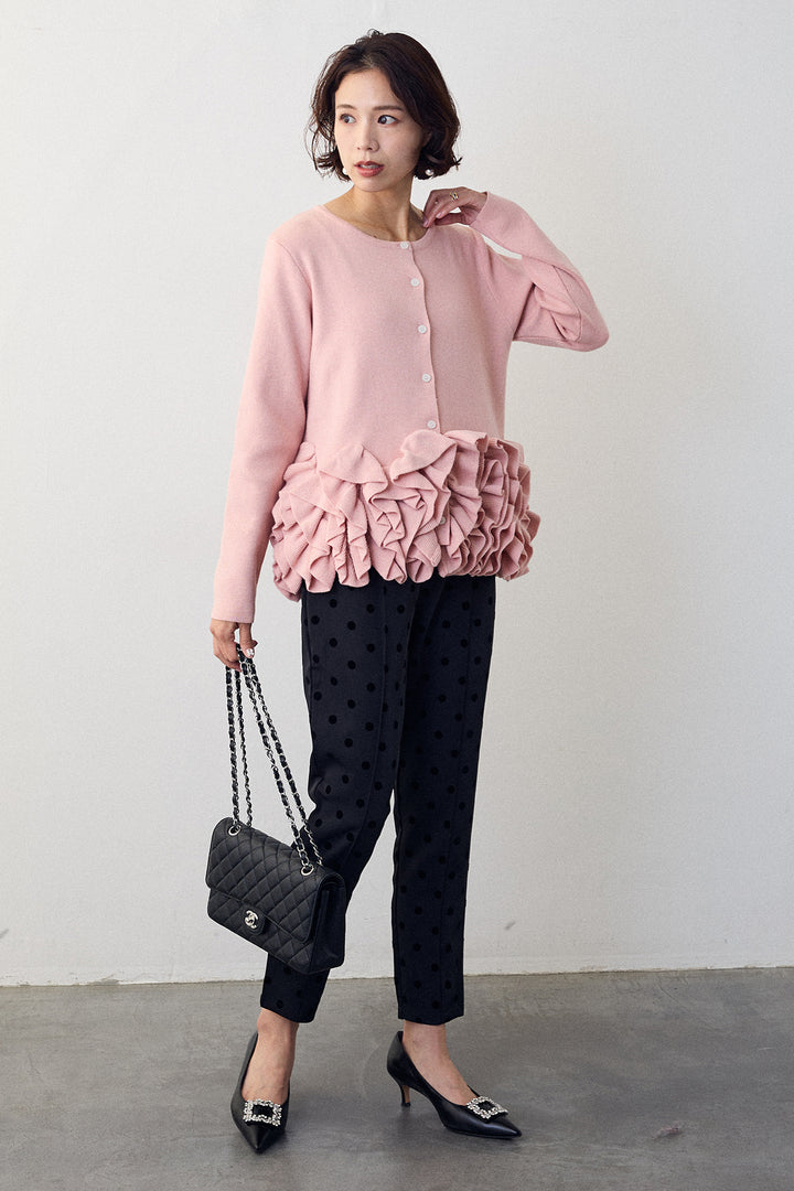 [予約/SET]フリルホイップニットカーディガン+ドット柄センターラインテーパードパンツ(2set)