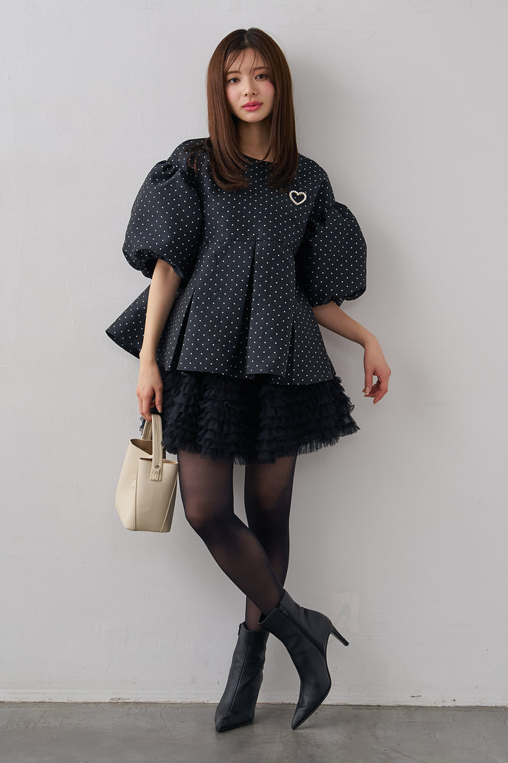 [予約/SET]ハートブローチ付ドットジャガードブラウス+ホイップチュールミニ丈スカート(2set)