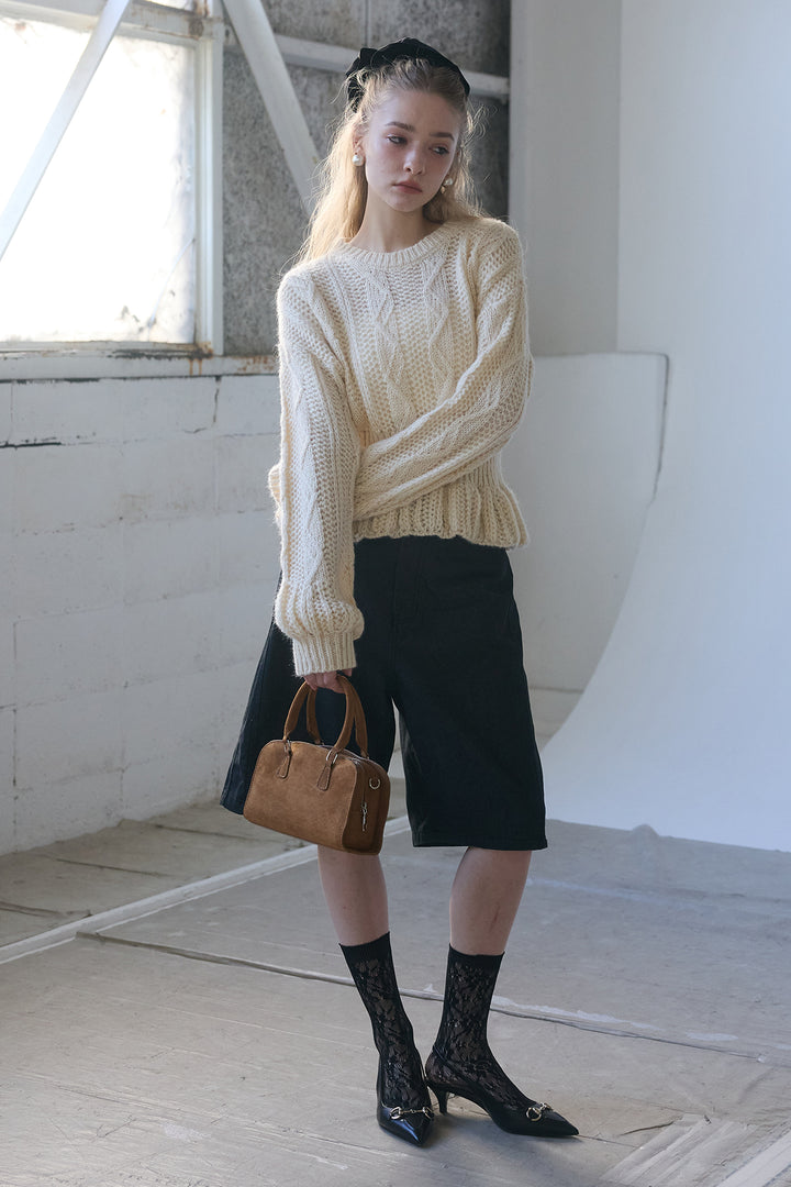 [予約/SET]ケーブル編ミニペプラムニット+デニムベーシックハーフパンツ(2set)