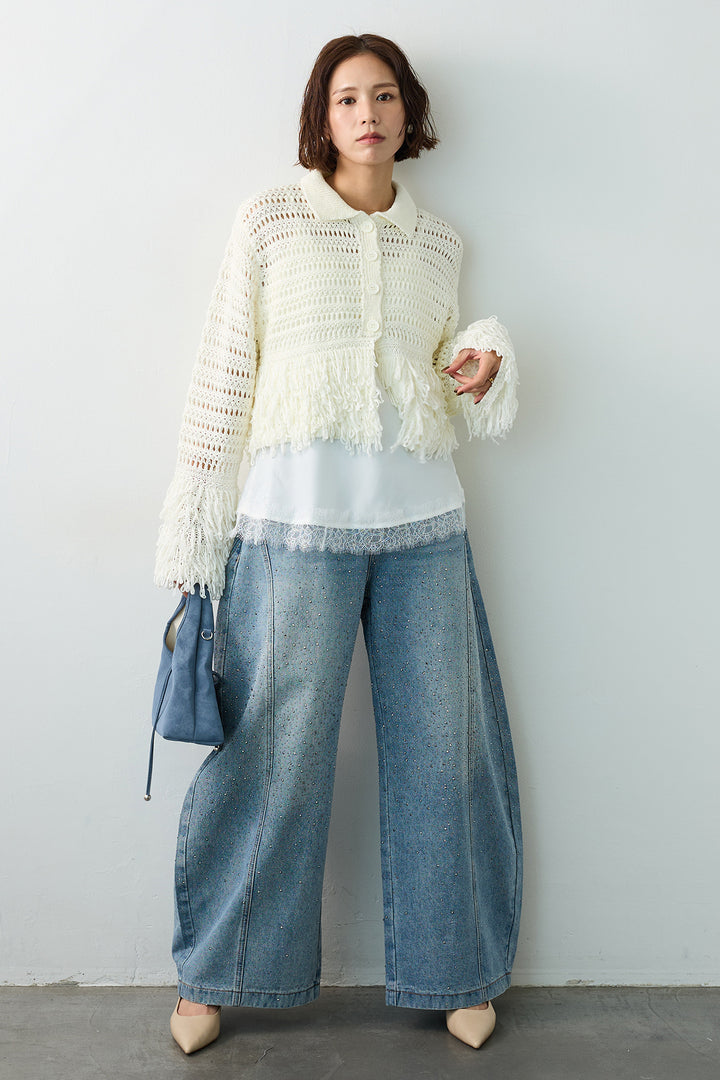 [予約/SET]メッシュフリンジクロップドニット+スパークルラインストーンカーブデニム(2set)