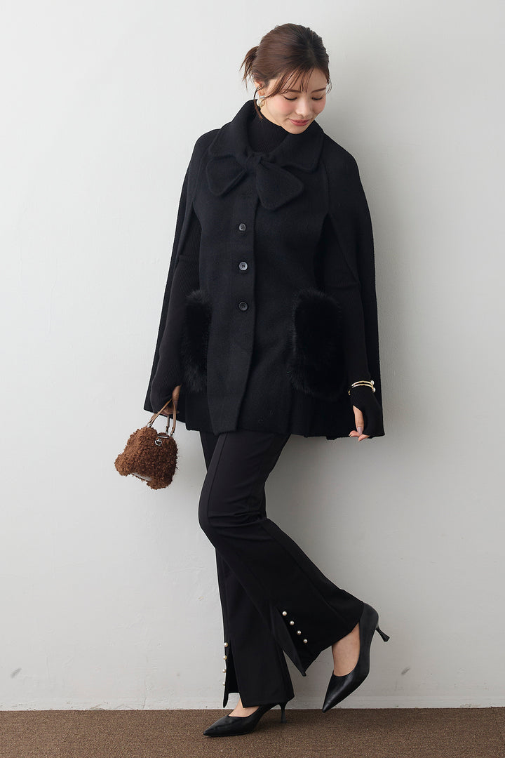 [予約/SET]ウールタッチファーポケットポンチョコート+センタースリットパールパンツ(2set)