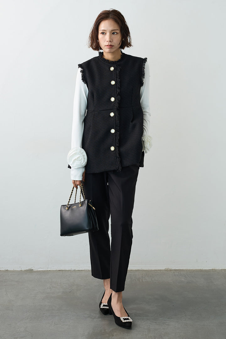 [予約/SET]フラワーモチーフポイントカットトップス+ツイードペプラム美フォルムジレ+タックテーパードパンツ(3set)