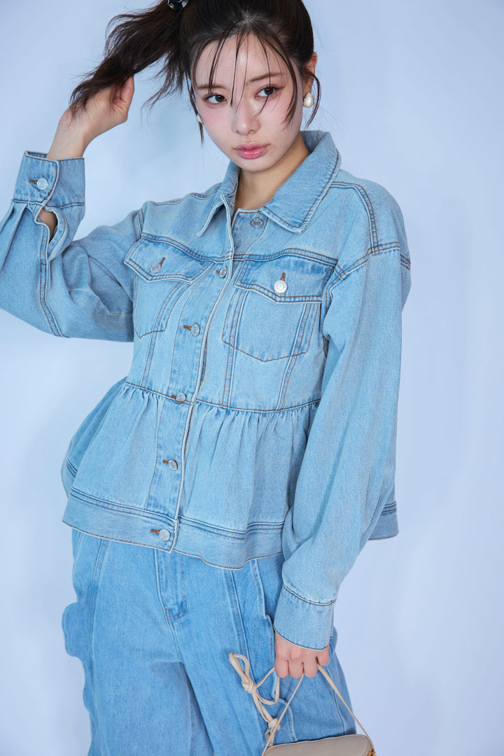 [予約/SET]ペプラムデニムジャケット+フリルウェーブデニムパンツ(2set)