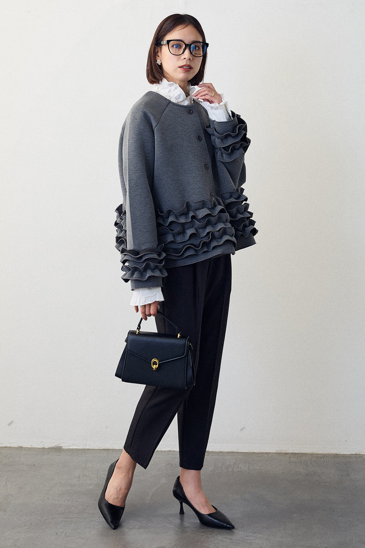 [予約/SET]ローズモチーフフリルカラーシャツ+フリルティアードボンディングクロップドコート(2set)