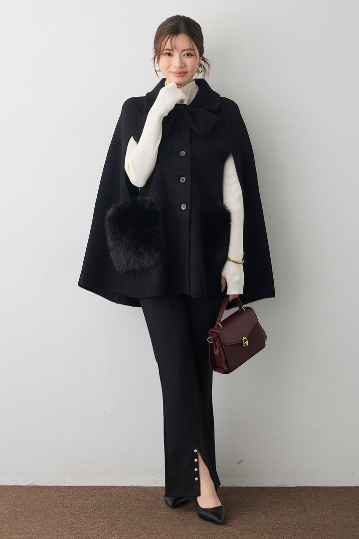 [予約/SET]ベーシックフィンガーホールリブニット+ウールタッチファーポケットポンチョコート(2set)