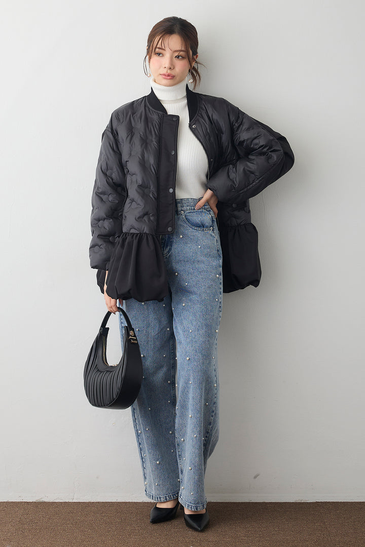 [予約/SET]ベーシックリブタートルニット+ヘムギャザードットキルティング中綿フレアコート(2set)