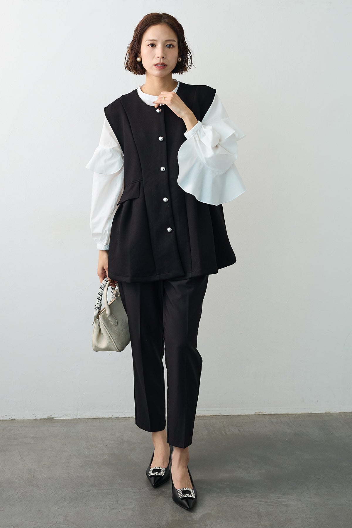 予約/SET]ティアードフリルスリーブパールボタンブラウス+ペプラム