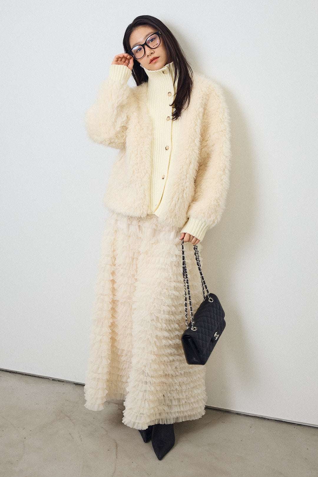 [予約/SET]シャギーファー×リブニットミックスジャケット+ホイップチュールティアードスカート(2set)