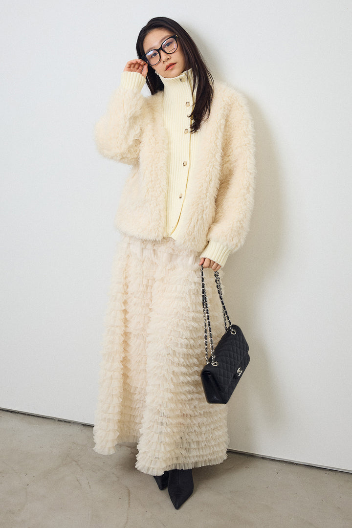 [予約/SET]シャギーファー×リブニットミックスジャケット+ホイップチュールティアードスカート(2set)