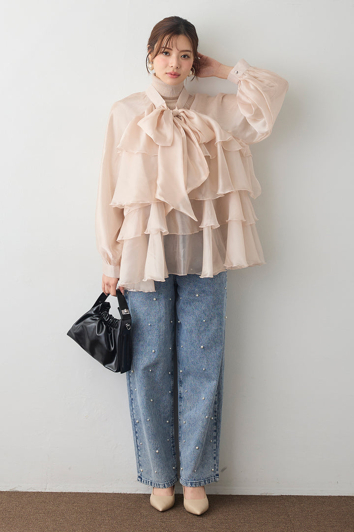 [予約/SET]フロントBIGリボンティアードエアリーチュニック+パールスタッズストレートハイウエストデニム(2set)