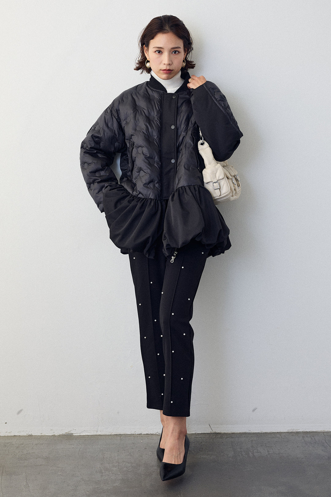 [予約]ヘムギャザードットキルティング中綿フレアコート