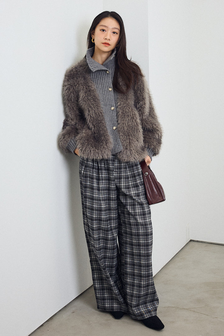 [予約/SET]シャギーファー×リブニットミックスジャケット+ハイウエストチェックセミワイドパンツ(2set)