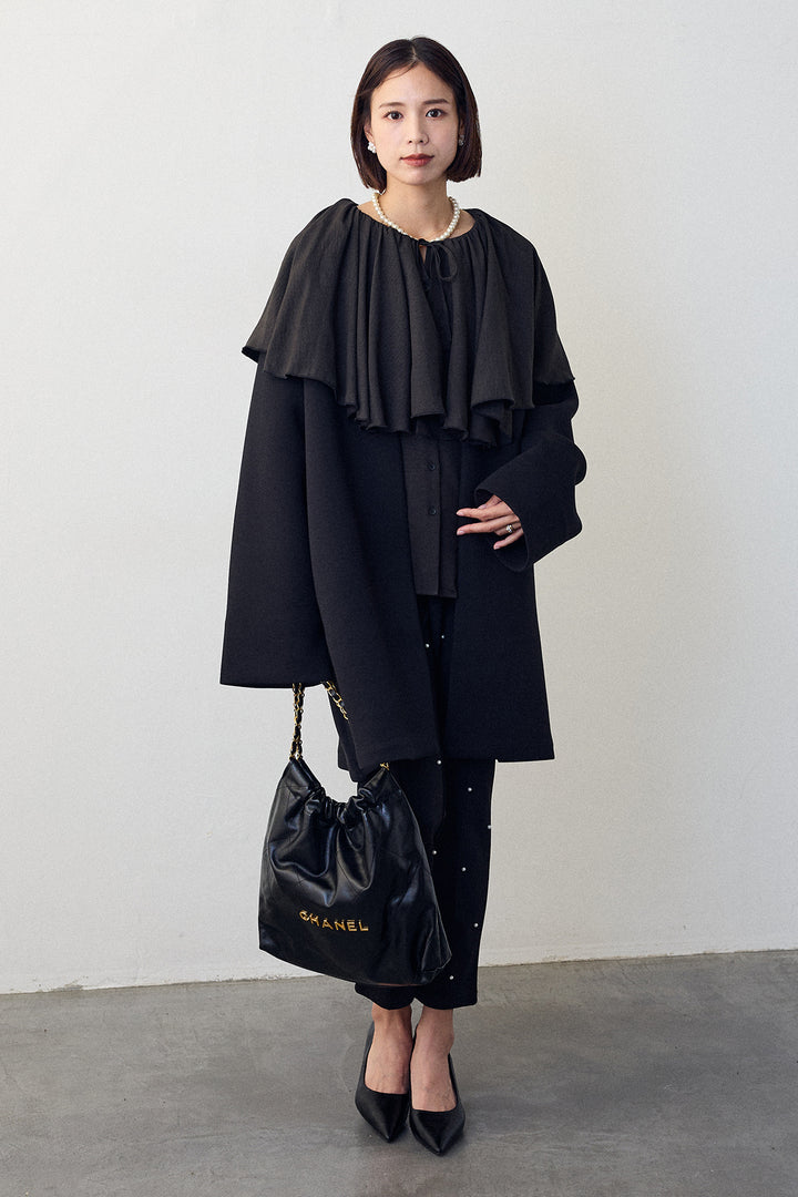 [予約/SET]BIGフリルカラーブラウス+フリルポケットボンディングノーカラーコート(2set)