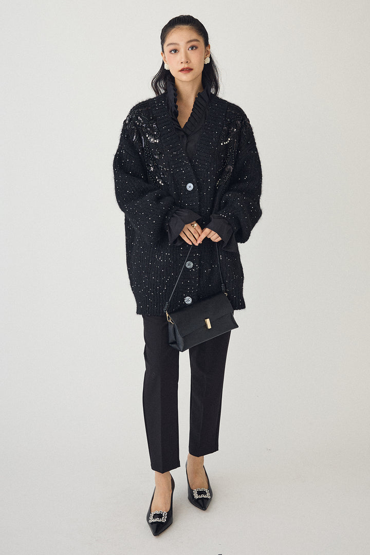 [予約/SET]ダブルプリーツカラーブラウス+ビーズフラワースパンコールシャイニーニットカーデ+タックテーパードパンツ(3set)