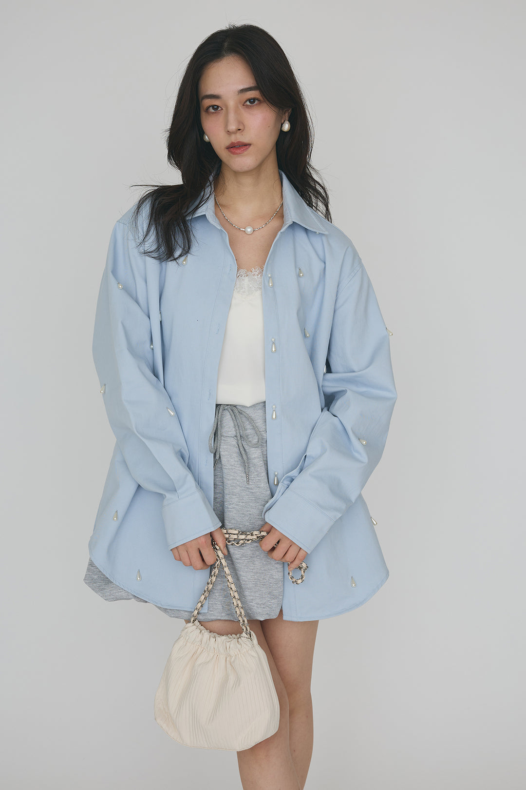 [予約/SET]雫パールデザインオーバーシャツ+スウェットバルーンスカート(2set)