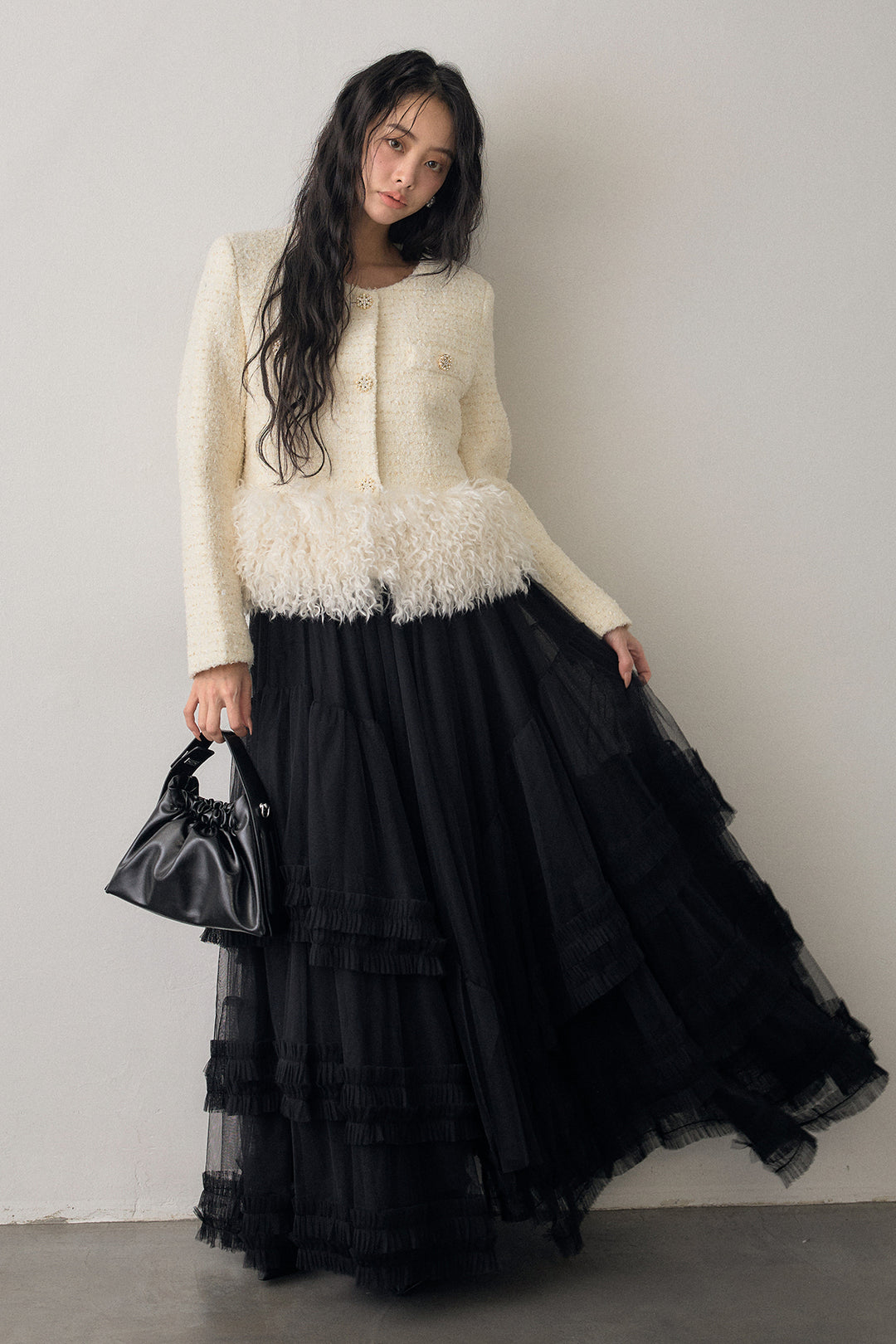 [予約/SET]中綿ツイードロングファードッキングジャケット+フェアリードレープチュールスカート(2set)