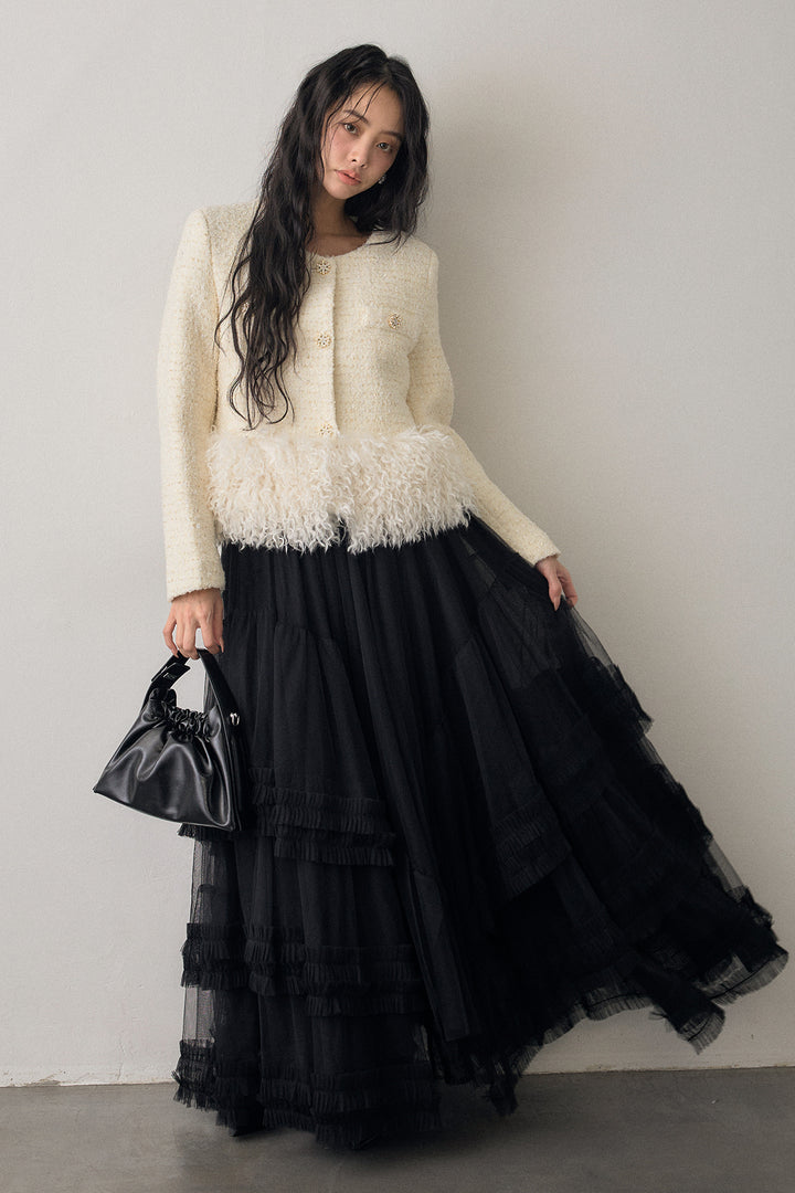 [予約/SET]中綿ツイードロングファードッキングジャケット+フェアリードレープチュールスカート(2set)