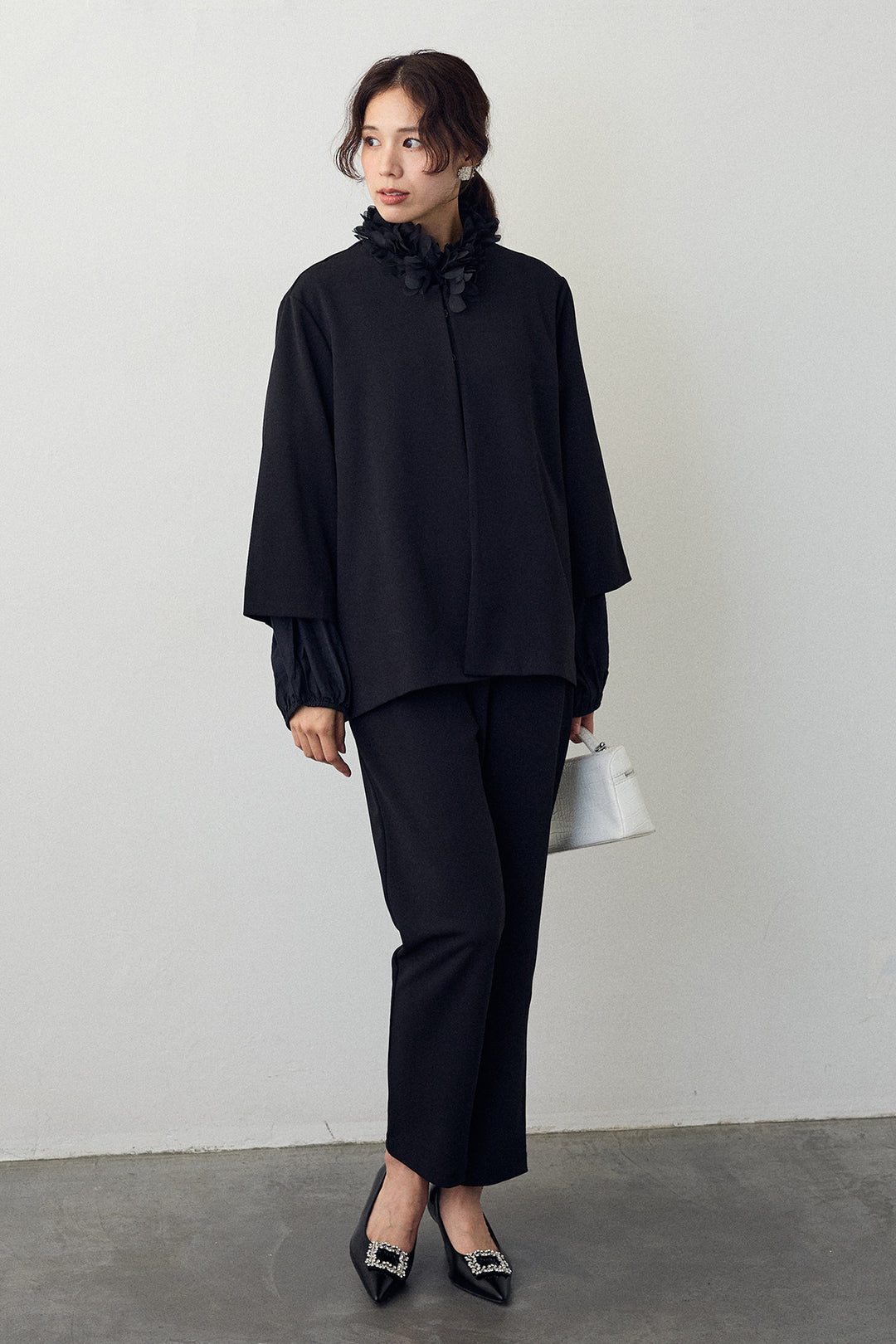 [予約/SET]フラワーフリルネックブラウス+ノーカラージョーゼットセットアップ(2set)