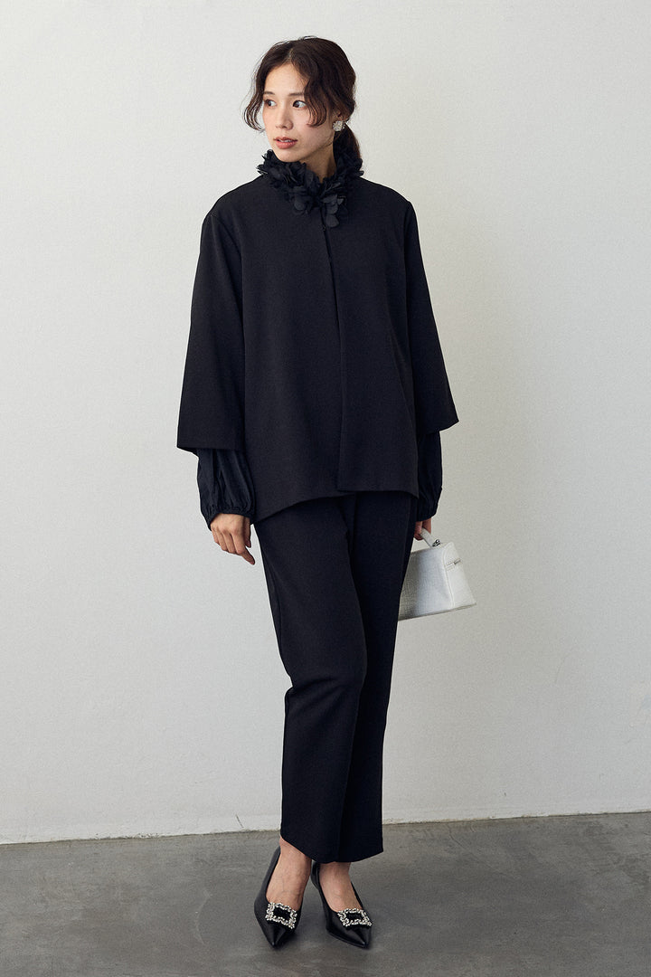 [予約/SET]フラワーフリルネックブラウス+ノーカラージョーゼットセットアップ(2set)