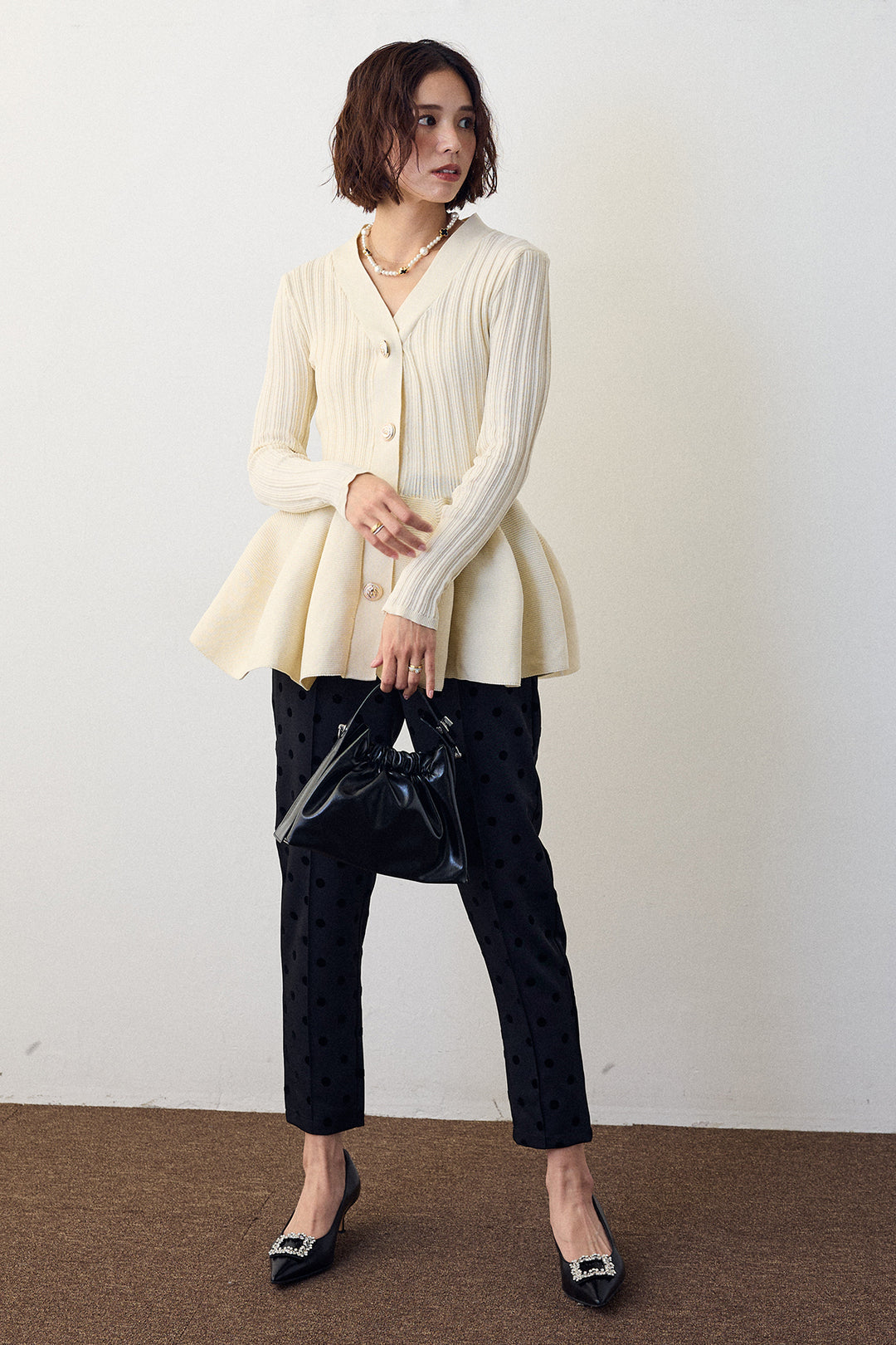 [予約/SET]リブ美ラインペプラムニット+ドット柄センターラインテーパードパンツ(2set)