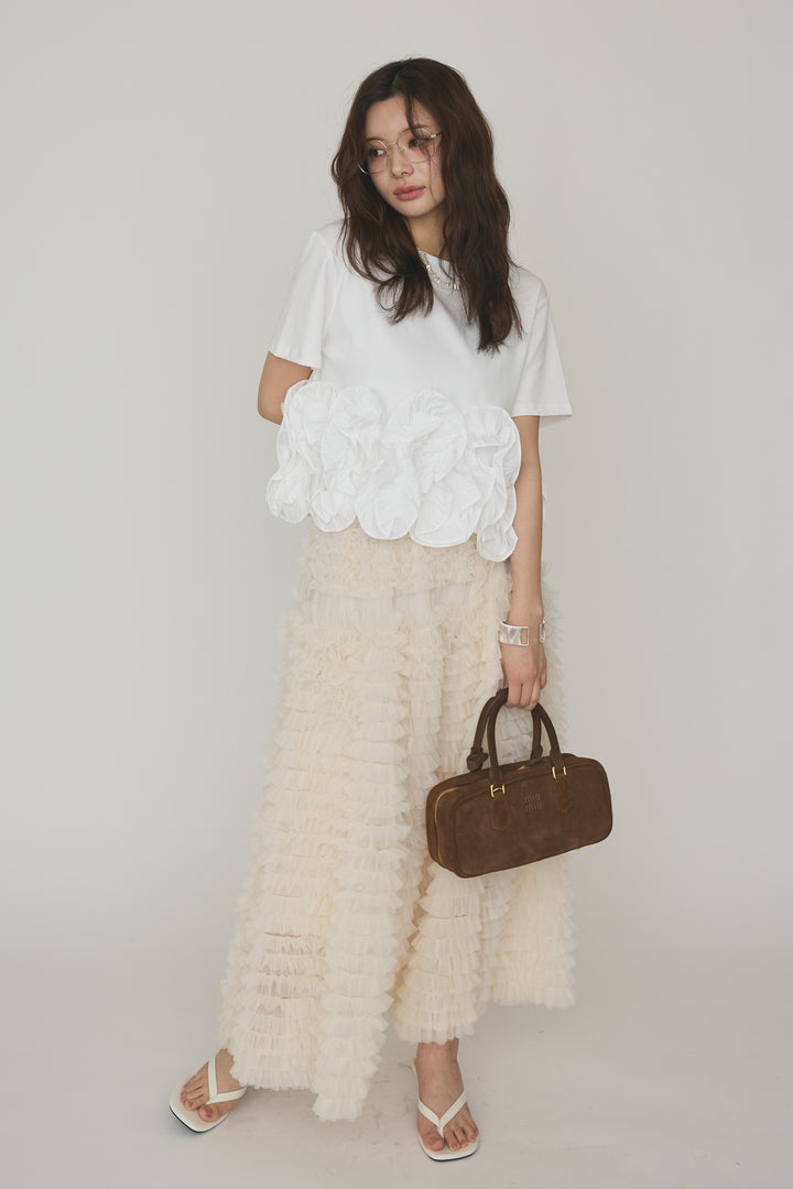 [予約/SET]フリルウェーブヘムカットTシャツ+ホイップチュールティアードスカート(2set)