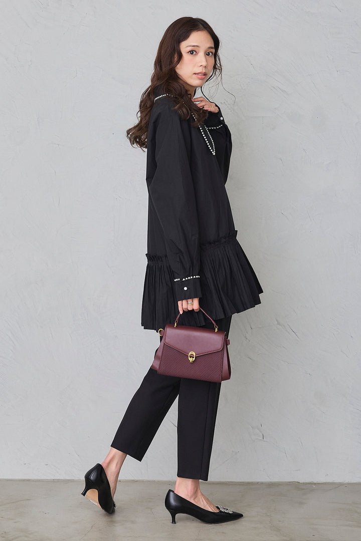 [予約/SET]パールライン襟×プリーツシャツ+タックテーパードパンツ(2set)