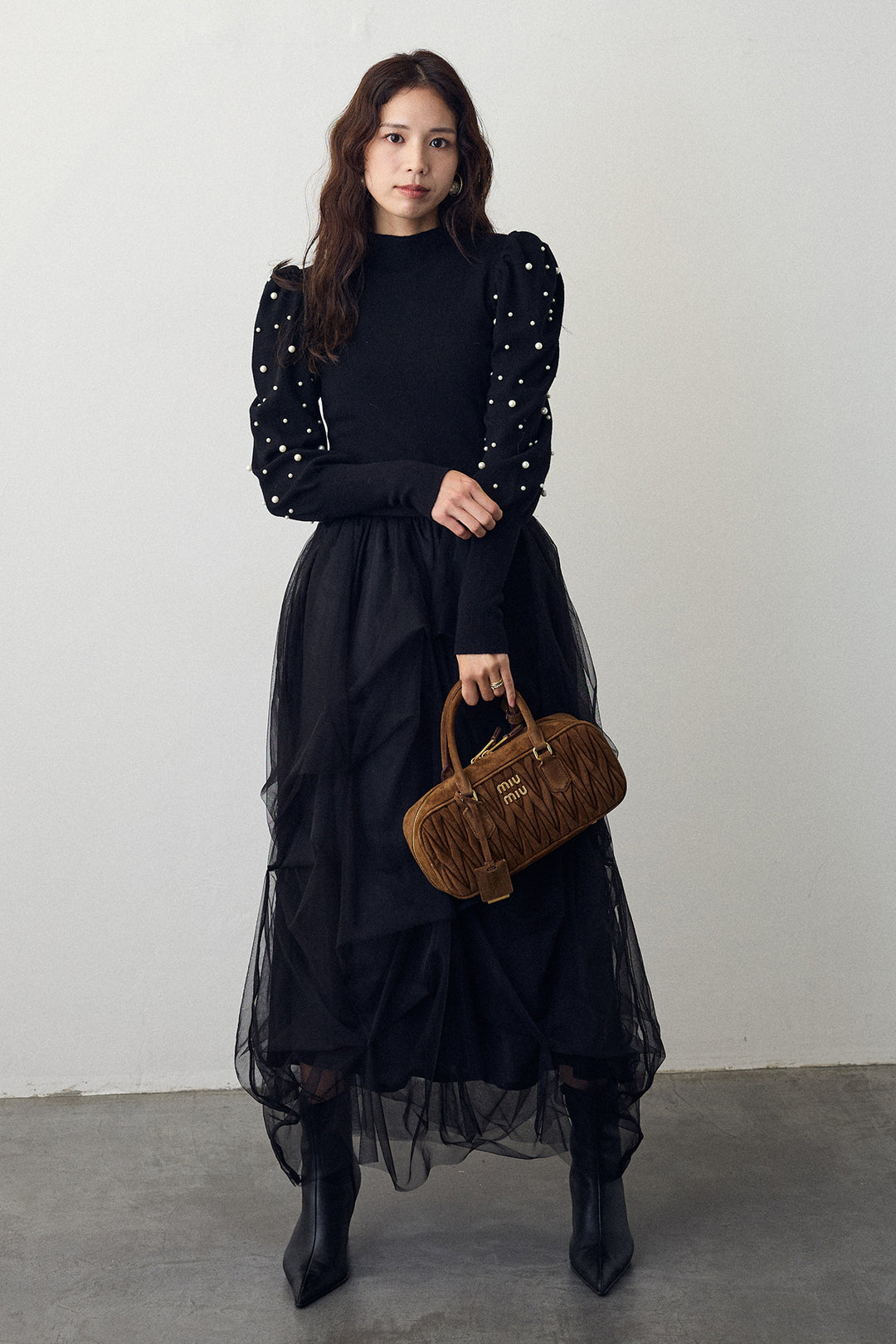 [予約/SET]パフスリーブランダムパールニット+マルチパターンタックチュールスカート(2set)