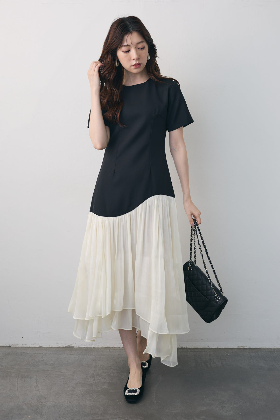 [予約]シフォン切替ハーフスリーブワンピース