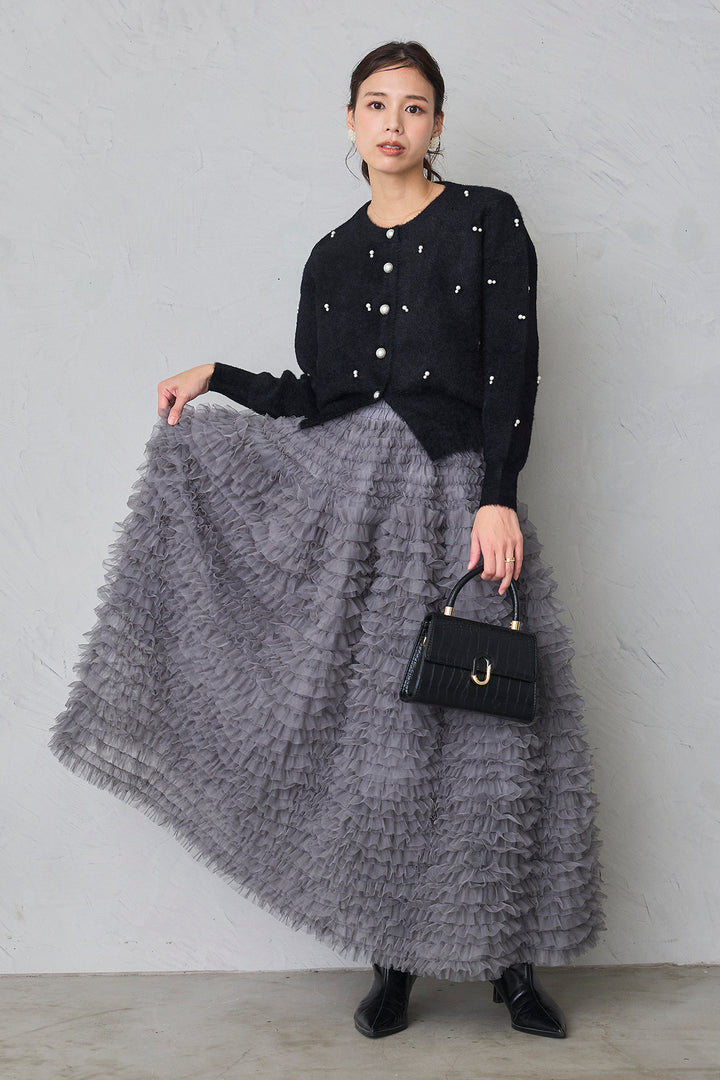 [予約/親子SET]ミックスパールシャギーコーディガン+ホイップチュールティアードスカート+[kids]刺繍ビースニットカーデ＋ホイップチュールスカートセット(3set)