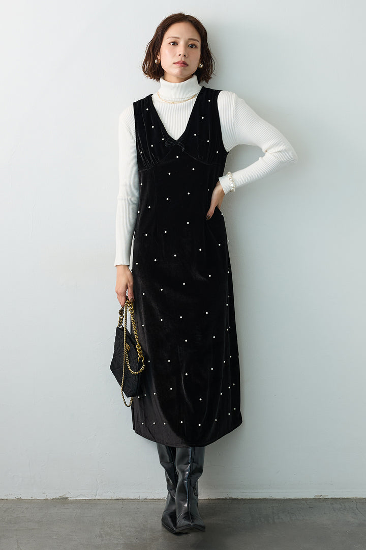 [予約/SET]ベーシックリブタートルニット+ベロアパールVネックロングワンピ(2set)