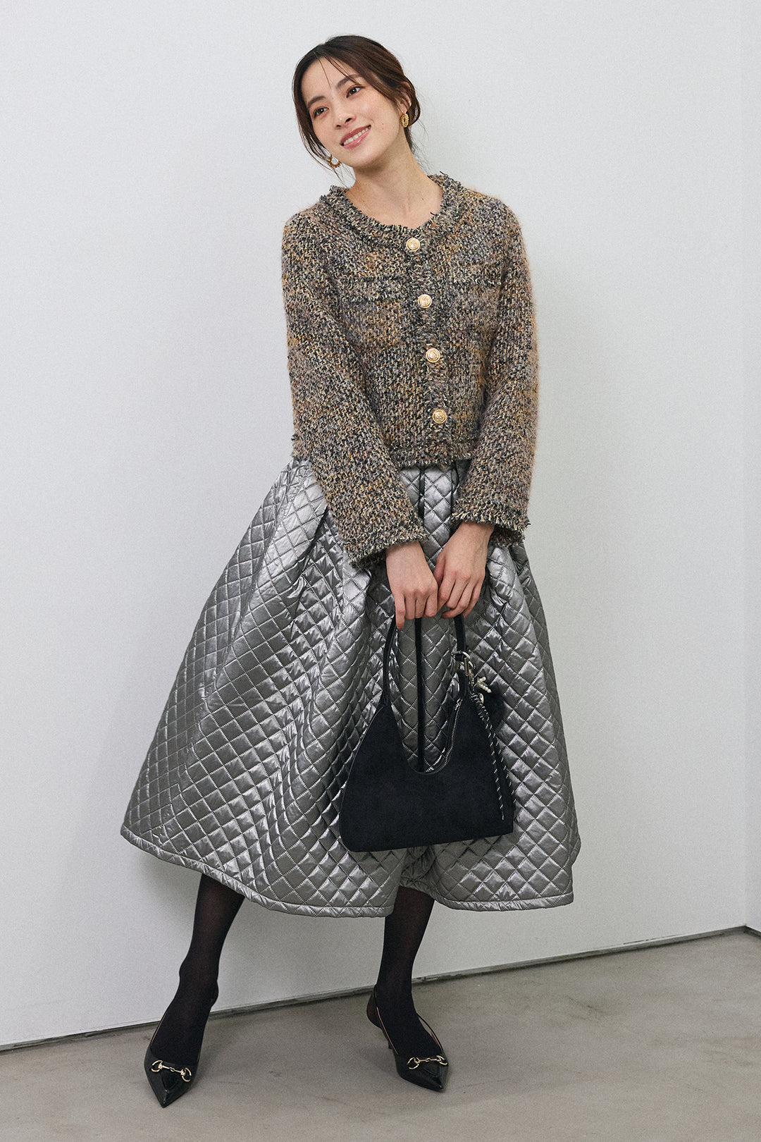 [予約/SET]カラーミックスツイードジャケット+メタリックキルティングフレアスカート(2set)
