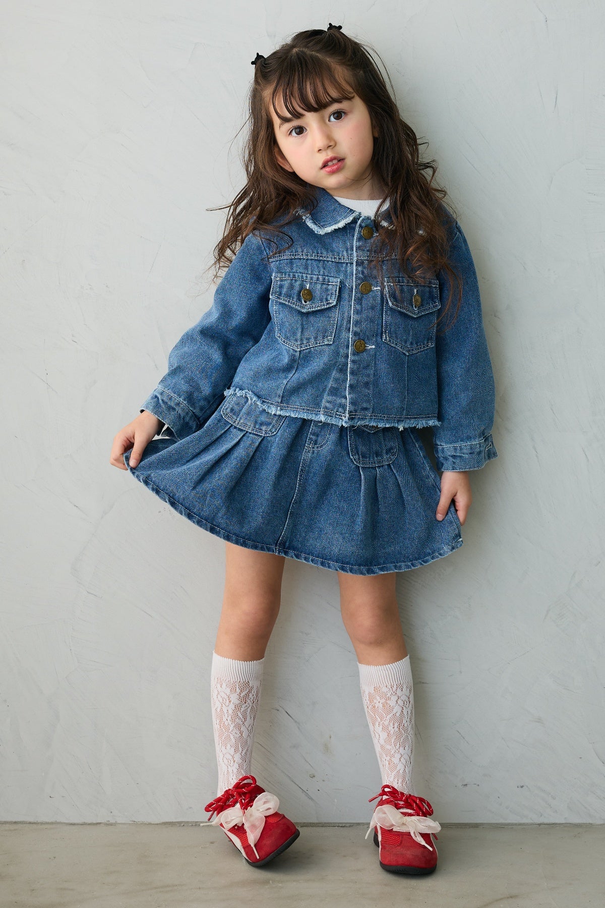 MISMATCH NEW YORK デニムセットアップ フリーサイズ デニム 予約](kids)ボックスプリーツデニムセットアップ – Frene