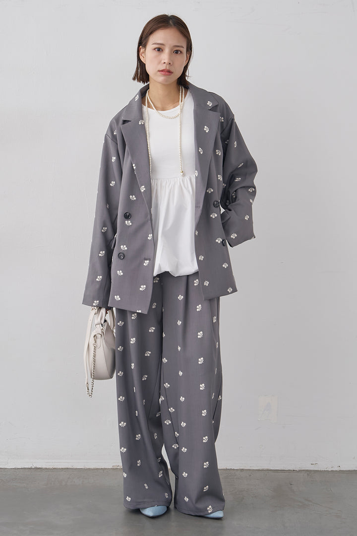 [予約/SET]フラワー刺繍ツイルテーラードジャケット+フラワー刺繍ツイルストレートパンツ(2set)
