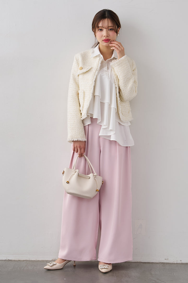 [予約/SET]アシメフリルティアードシャツ+フリンジツイードゴールドボタンジャケット+エステルツイルタックワイドカラーパンツ(3set)