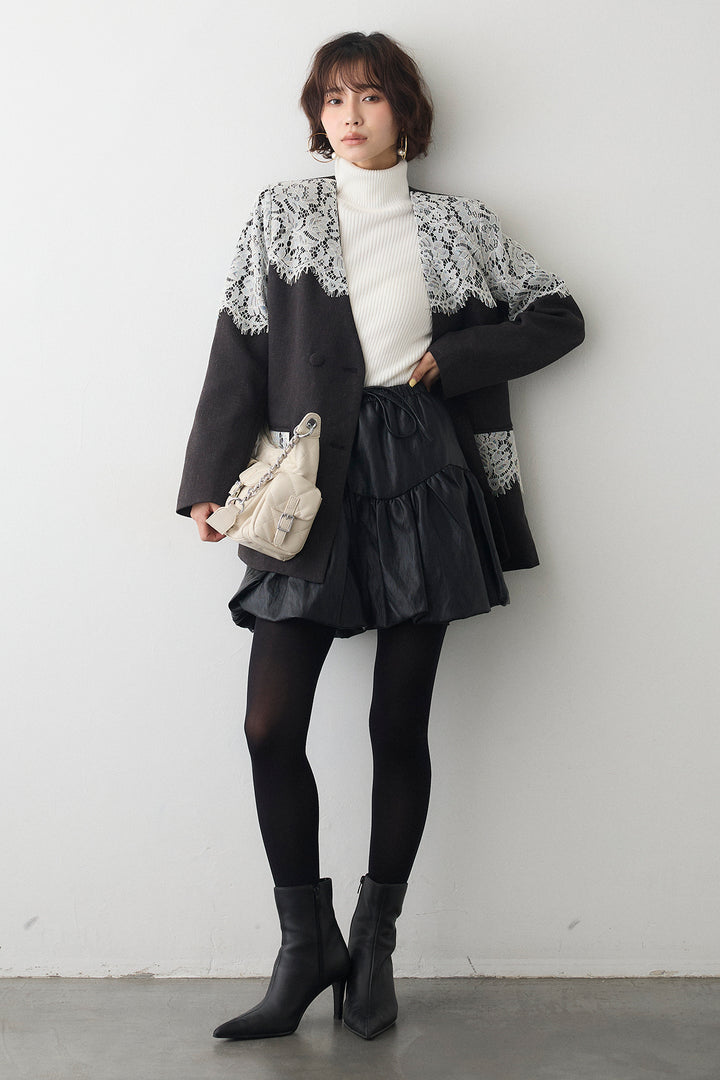 [予約/SET]ベーシックリブタートルニット+ショルダーレースデザインジャケット+フェイクレザーティアードバルーンミニスカート(3set)