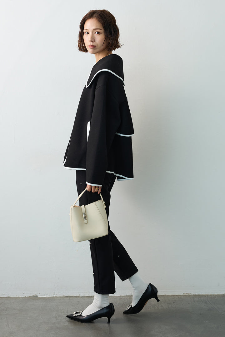 [予約/SET]バイカラーボンディング襟付きコート+センターシームランダムパールパンツ(2set)
