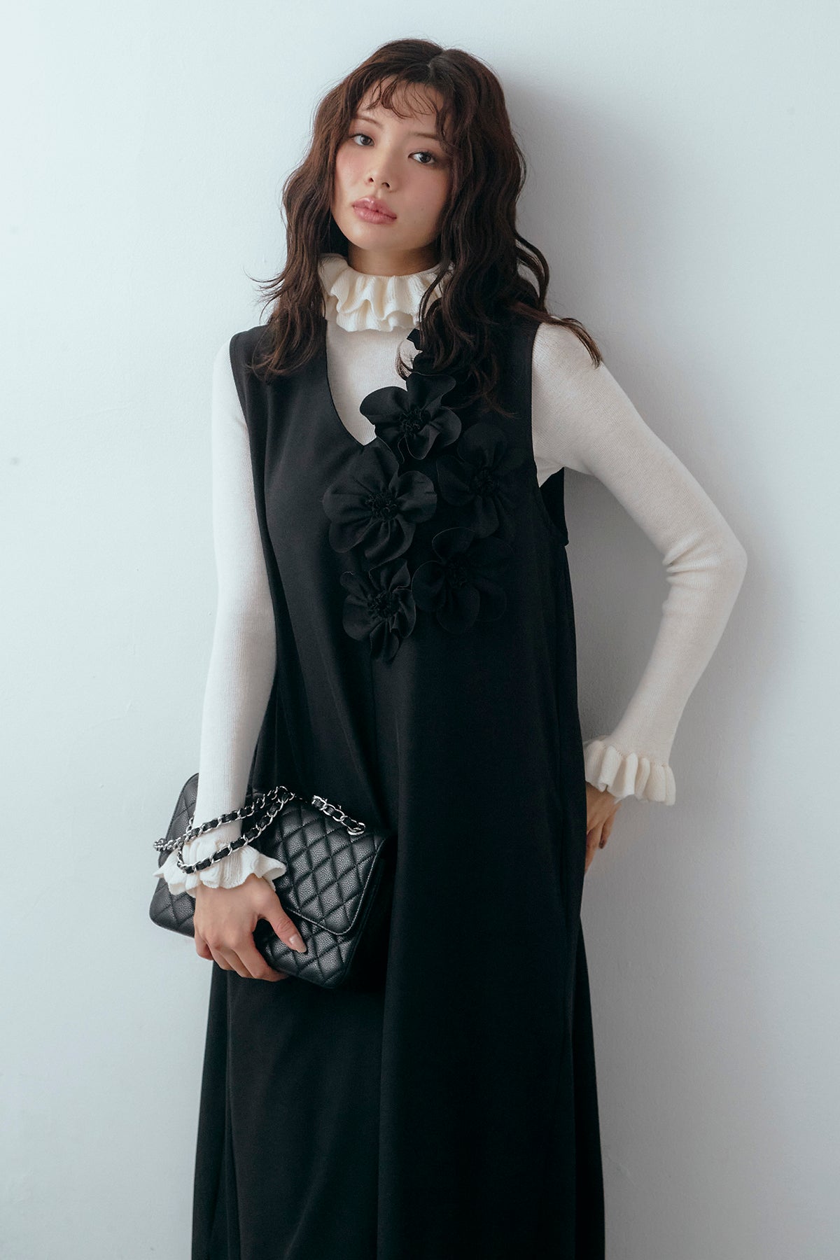 予約/SET]ダブルフリルカラーニットプルオーバー+アシメフラワー