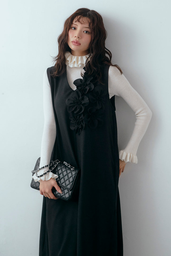 [予約/SET]ダブルフリルカラーニットプルオーバー+アシメフラワーモチーフVネックワンピース(2set)