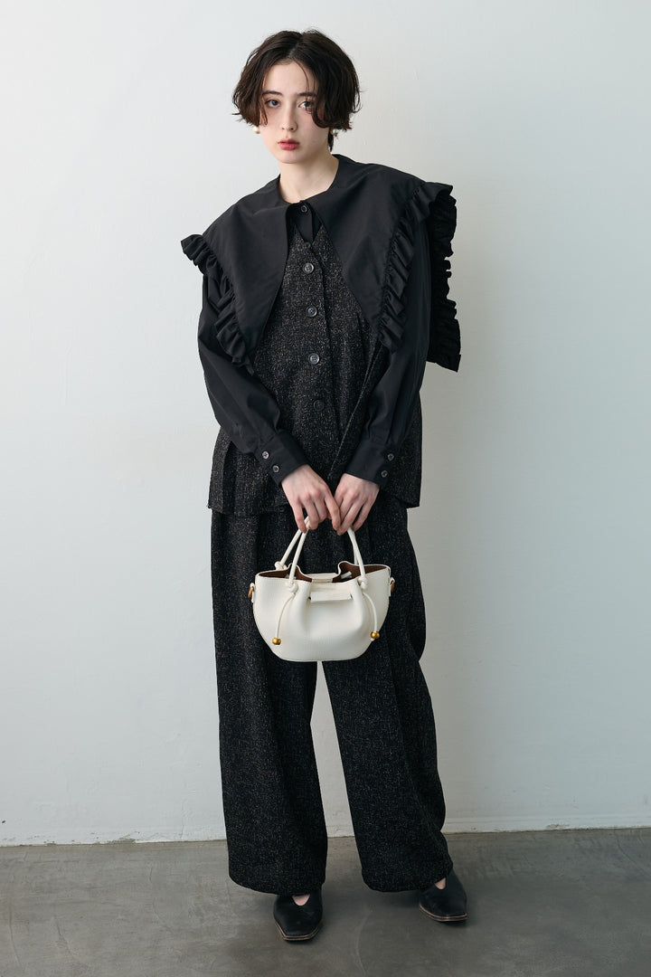 [予約/SET]BIGフリルデザインシャツ+サマーツイードボックスプリーツベスト+サマーツイードウエストラインタックパンツ(3set)