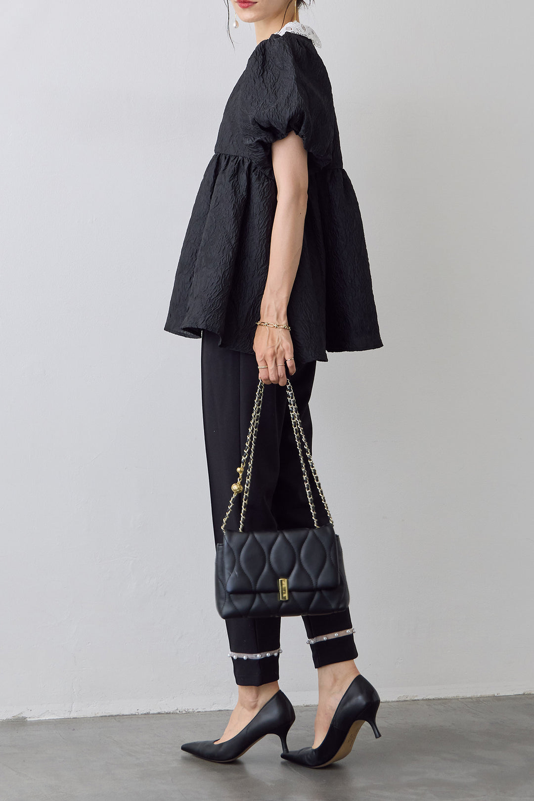 [予約/SET]レース襟パフスリーブワッシャーブラウス+シアーパールヘムテーパードパンツ(2set)