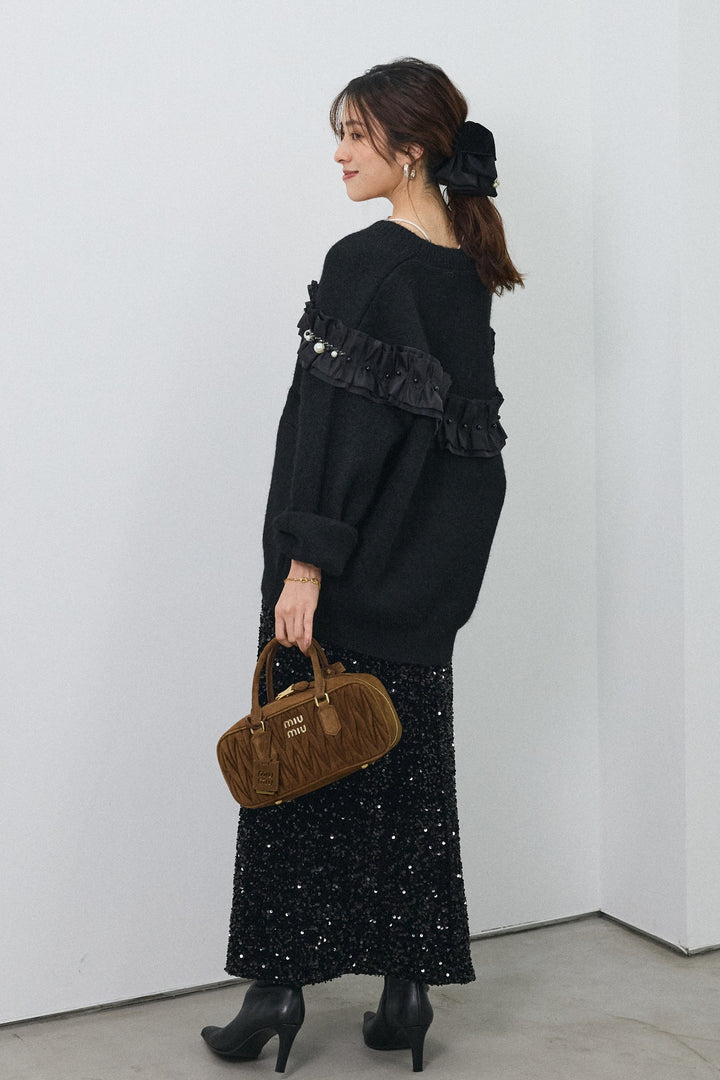 [予約/SET]フリルパールドッキングニットコーディガン+スパンコールシャイニースカート(2set)