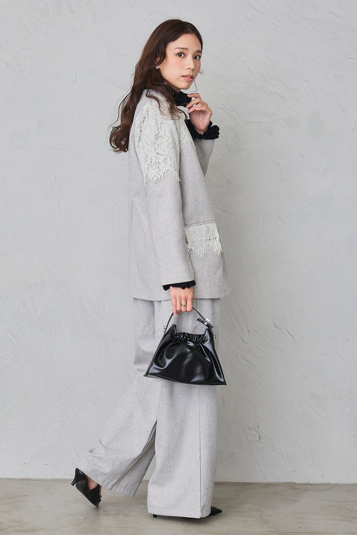 [予約/SET]ショルダーレースデザインジャケット+ライトツイードタックパンツ(2set)