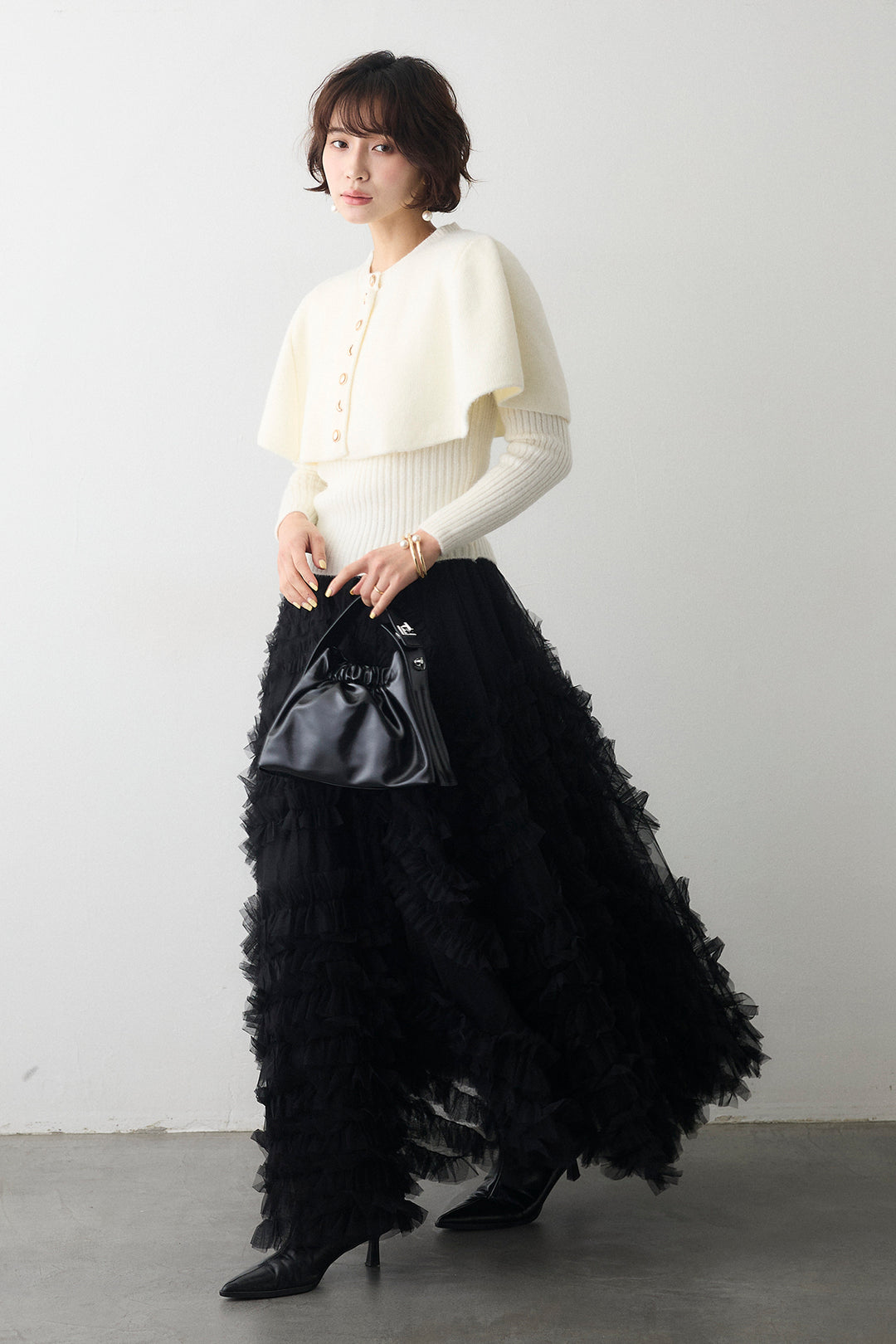 [予約/SET]ミックス釦ケープ2wayニット+スフレアシメチュールスカート(2set)