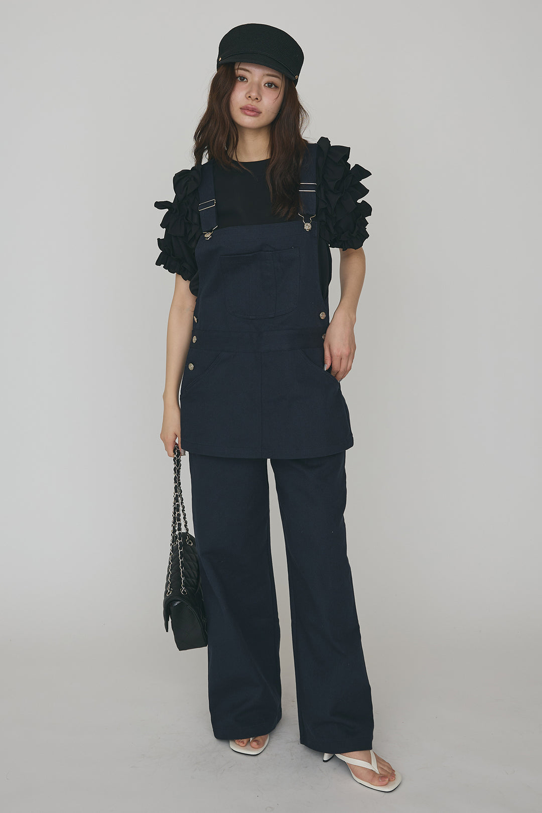 [予約/SET]フリルスリーブプルオーバーブラウス+エプロンデニムサロペ(2set)